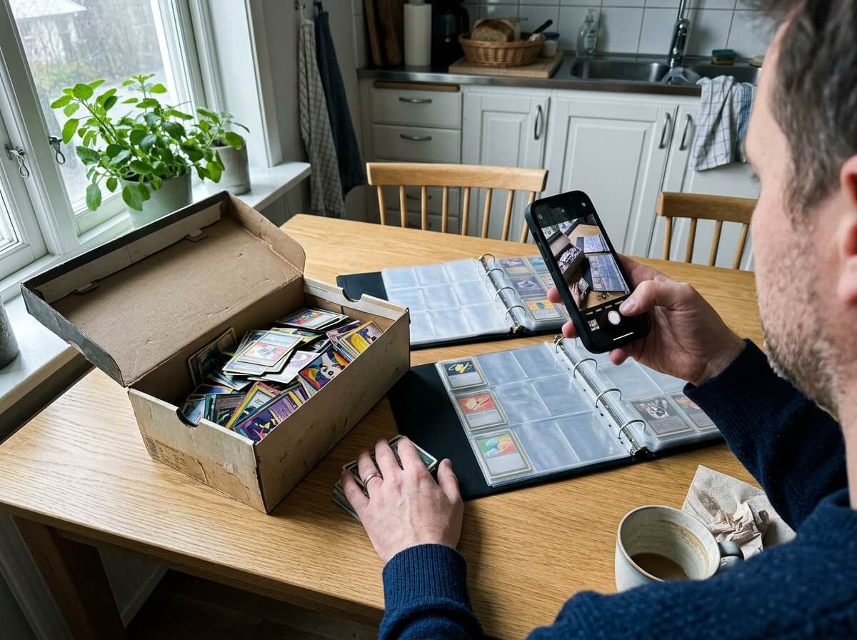 Person fotograferar Pokémonkort i pärm och skokartong på ett köksbord med mobilen